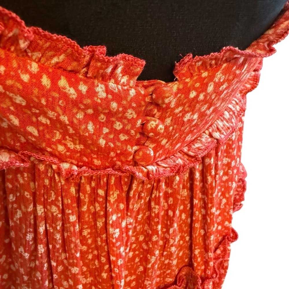 Lulu's Red Orange Calico Print Tiered Ruffled Sundress with Spaghetti Straps - Picture 4 of 8